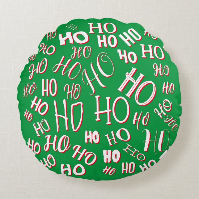 HO HO HO Christmas text pattern white green red Round Cushion (Front)