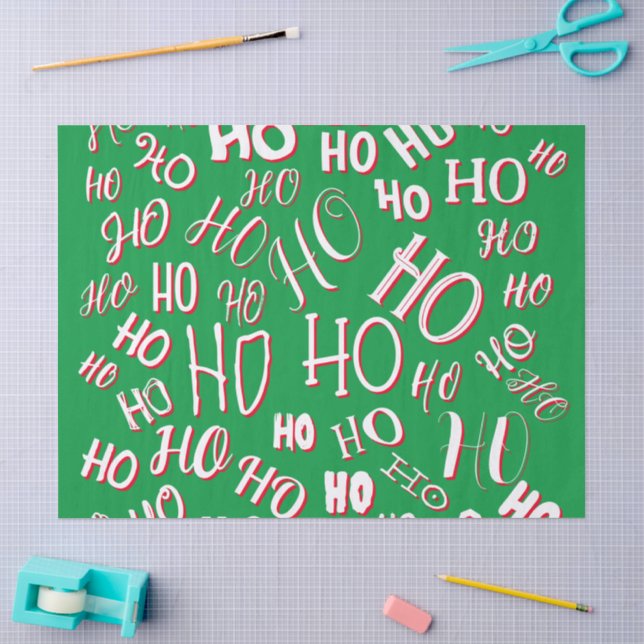 HO HO HO Christmas text pattern white green red Tissue Paper (Craft)