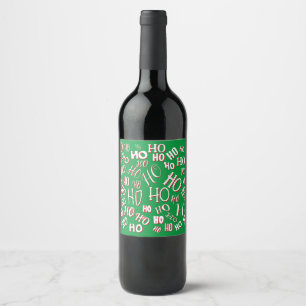 HO HO HO Christmas text pattern white green red Wine Label
