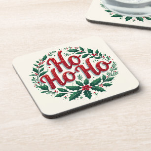 Ho Ho Ho Christmas Wreath Typography Design Coaster