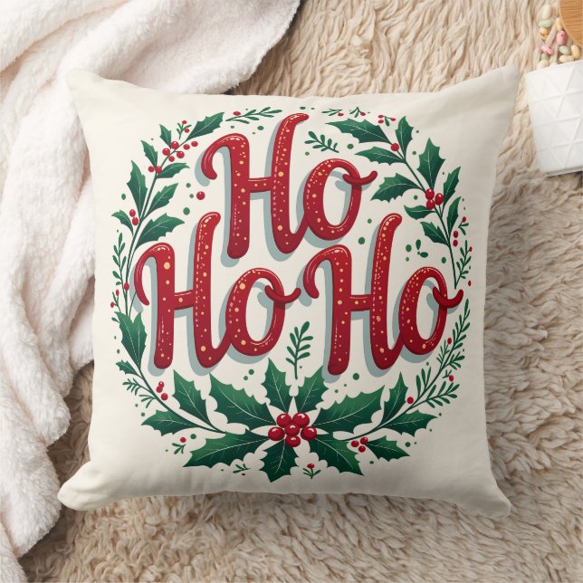 Ho Ho Ho Christmas Wreath Typography Design Cushion (Blanket)