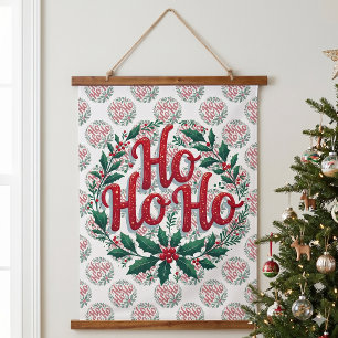 Ho Ho Ho Christmas Wreath Typography Design Hanging Tapestry