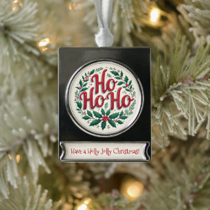 Ho Ho Ho Christmas Wreath Typography Design Silver Plated Banner Ornament