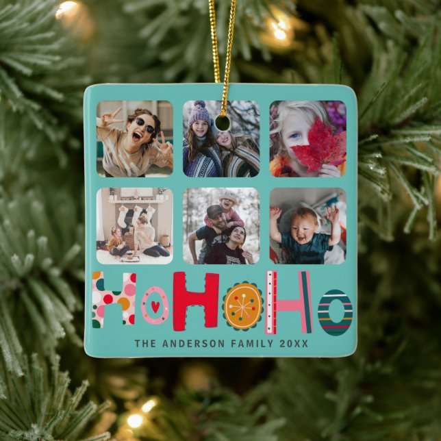 Ho Ho Ho Colourful 6 Photo Christmas Ceramic Ornament (Tree)