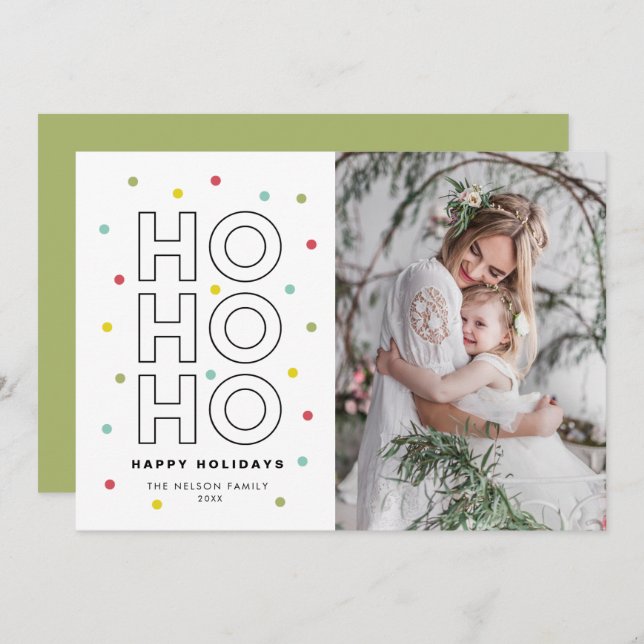 HO HO HO Colourful Pastel Confetti Dots Photo Holiday Card (Front/Back)