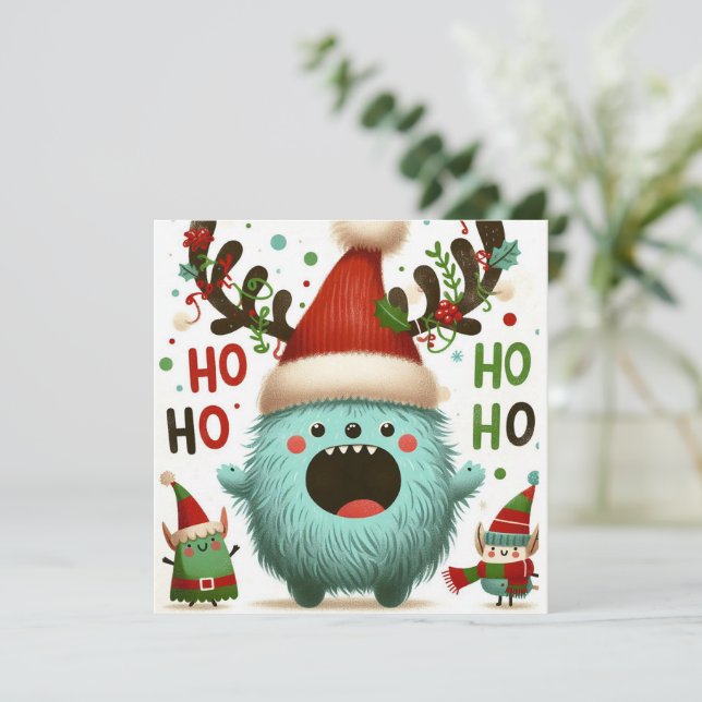 HO HO HO cute fluffy Santa elves Holiday Card (Standing Front)