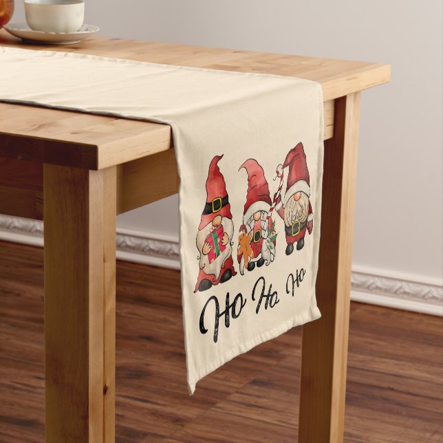 Ho Ho Ho! Cute Gnomes Christmas Holiday Pink Short Table Runner (In Situ)