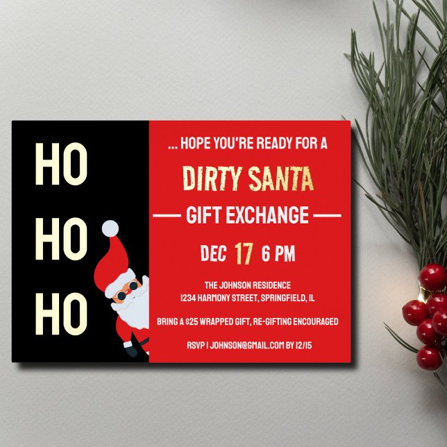 HO HO HO Dirty Santa Christmas Party Black and Red (HO HO HO Dirty Santa Christmas Party Black and Red Foil Invitation )