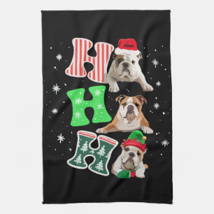 Ho Ho Ho English Bulldog Santa Reindeer Christmas  Tea Towel
