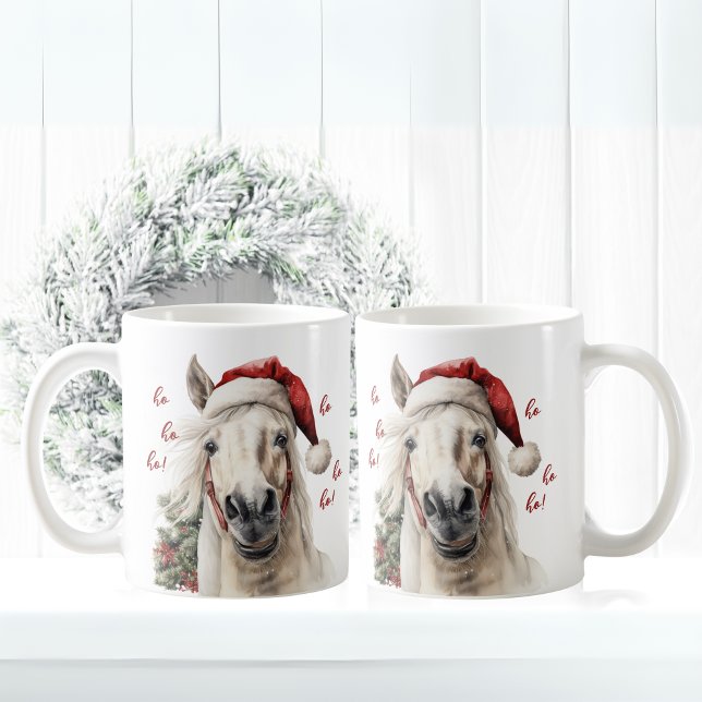 Ho Ho Ho! Funny Horse Santa Mug  (Horse with Santa Hat Laughing with text ho ho ho!)