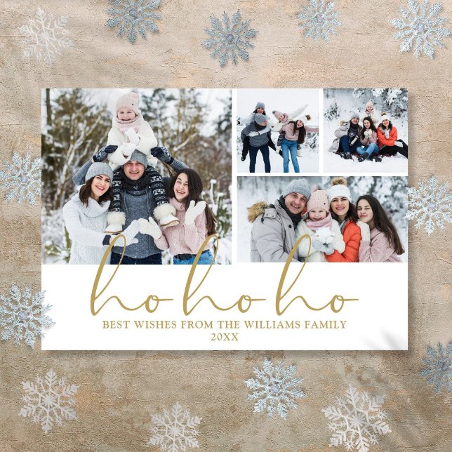 Ho Ho Ho Gold Script 4 Photo Christmas Holiday Card (Ho Ho Ho Gold Script 4 Photo Christmas Holiday Card)