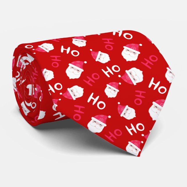 Ho Ho Ho Ho Cute Santa Head Christmas Pattern Tie (Rolled)