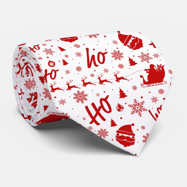 Ho Ho Ho Ho White & Red Christmas Pattern Tie (Rolled)