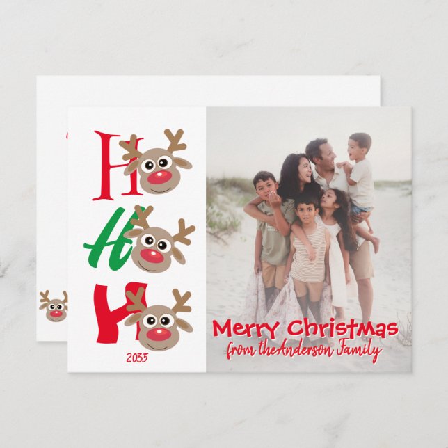 Ho Ho Ho Merry Christmas Reindeer Family Photo Holiday Card (Front/Back)