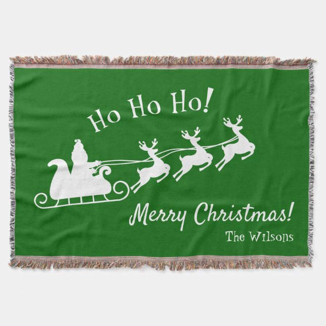 Ho Ho Ho Merry Christmas with Santa, Green Throw Blanket (Front)