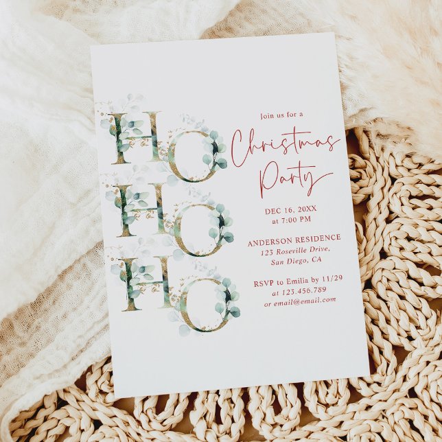 Ho Ho Ho Red Gold Greenery Christmas Party Invitation (Creator Uploaded)