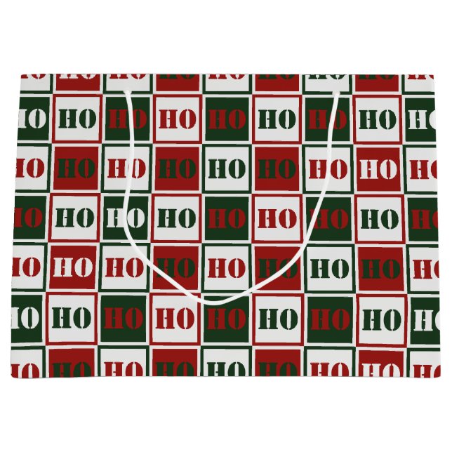 HO HO HO Red, Green & White Squared Large Gift Bag (Front)