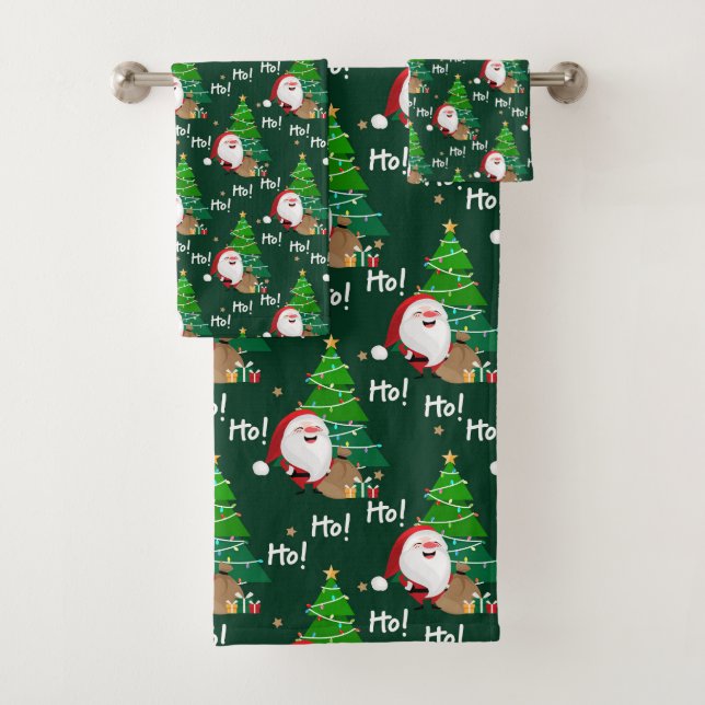 Ho Ho Ho, Santa and Christmas Trees Bath Towel Set (Insitu)