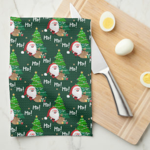 Ho Ho Ho Santa and Christmas Trees Tea Towel