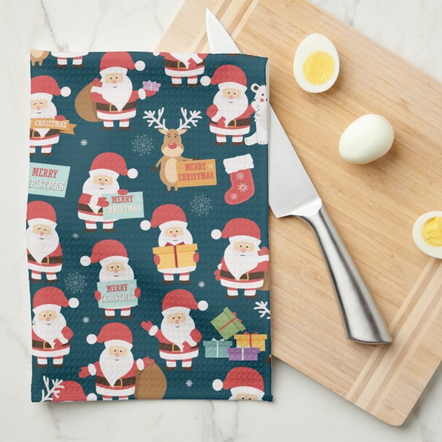 Ho Ho Ho Santa Claus & Friends Christmas Pattern Tea Towel (Quarter Fold)