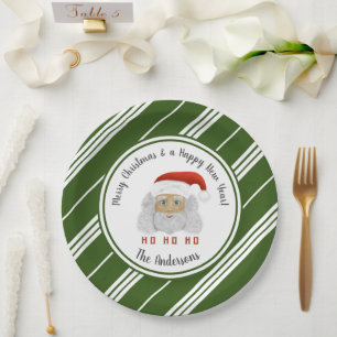 HO HO HO Santa Claus Green Lines Merry Christmas Paper Plate
