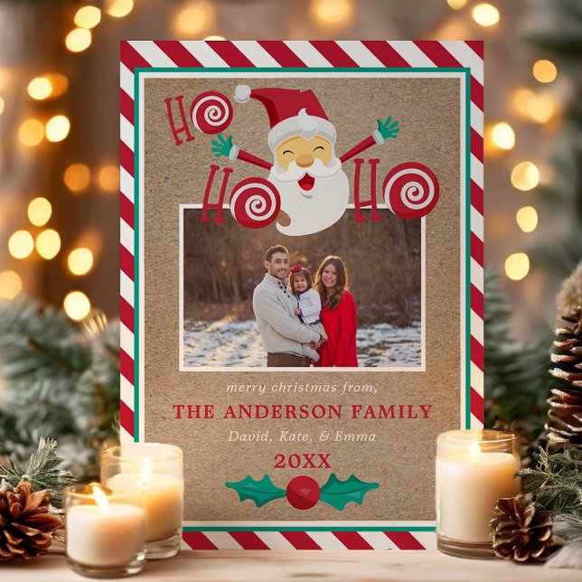 Ho Ho Ho Santa Claus Peppermint Christmas Photo  Holiday Card (Creator Uploaded)