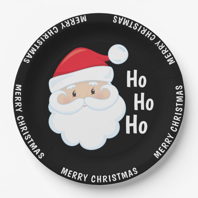 Ho Ho Ho Santa Face Merry Christmas Holidays Red Paper Plate (Front)