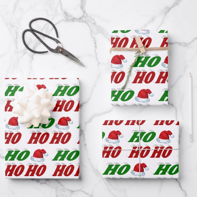 Ho Ho Ho Santa Hat Christmas red green typography Wrapping Paper Sheet (Front)