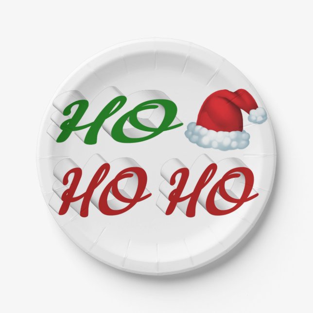 Ho Ho Ho Santa Hat red green script Christmas  Paper Plate (Front)