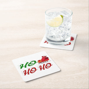 Ho Ho Ho Santa Sleigh Christmas red green script Square Paper Coaster