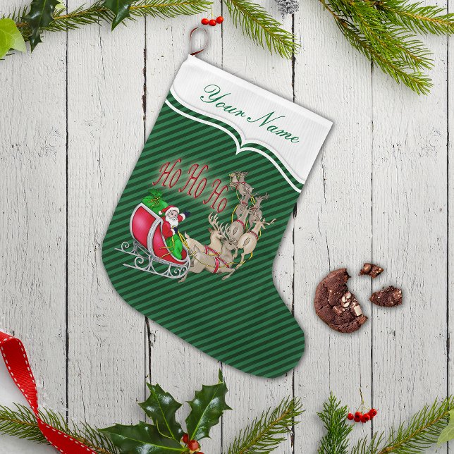 Ho Ho Ho Santa Sleigh Reindeer Personalised Small Christmas Stocking (Personalize with your name!)