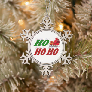 Ho Ho Ho Santa Sleigh typography Snowflake Pewter Christmas Ornament