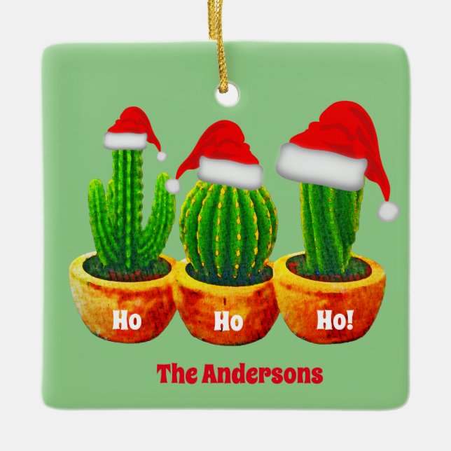 Ho Ho Ho Three Cactus Christmas Ornament Custom (Front)