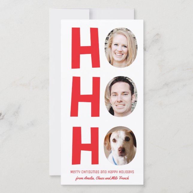 Ho Ho Ho Three Photo Skinny Holiday Card red white (Front)