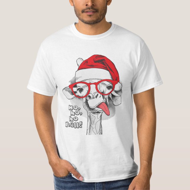 Ho Ho Ho Y'All, Giraffe Funny Christmas Gift T-Shirt (Front)