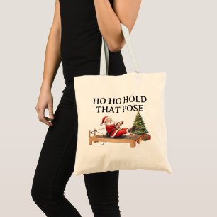 Ho Ho Hold That Pose Funny Santa Pilates Christmas Tote Bag