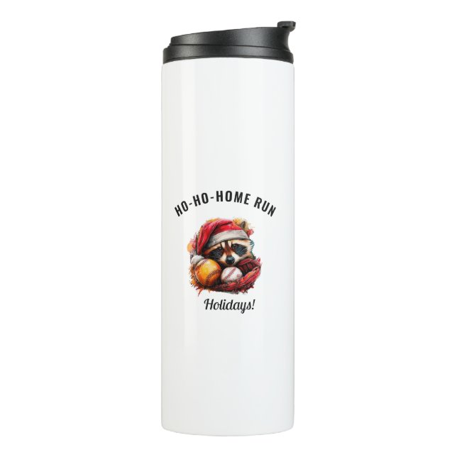 Ho-Ho-Home Run Raccoon — Baseball Travel Mug (Rotated Left)