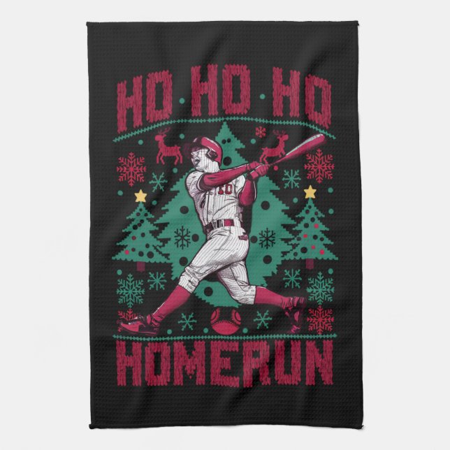 Ho Ho Homerun Baseball Ugly Christmas Sweater  Tea Towel (Vertical)
