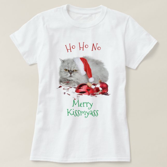 Ho HO No  Anti Christmas Grumpy Kitty Cat T-Shirt (Design Front)
