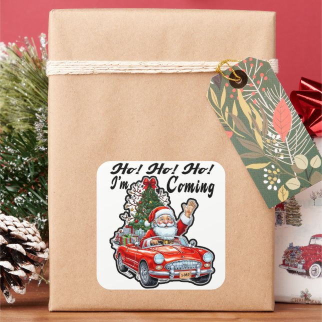 Ho Ho Santa Driving Red Classic Car Square Sticker (Holiday)