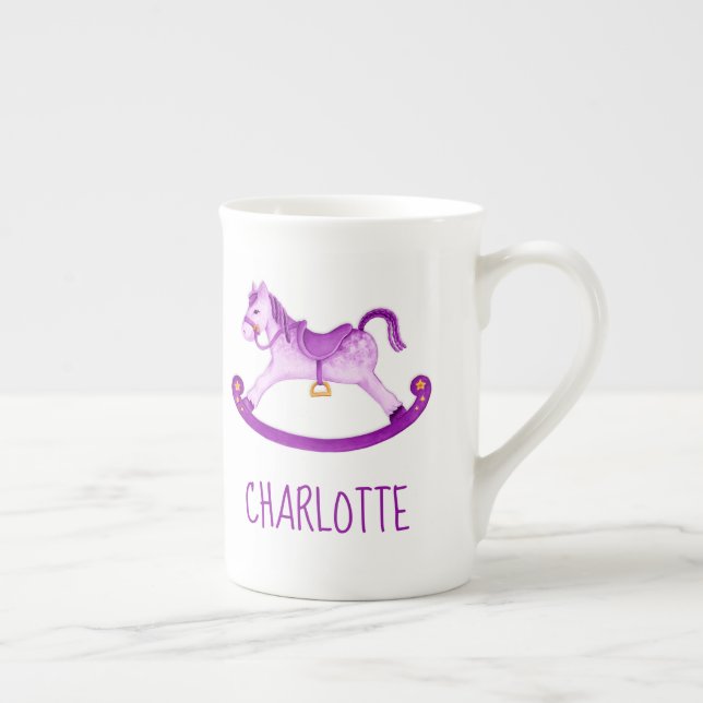 Hobby horse whimsy watercolor purple custom name bone china mug (Right)