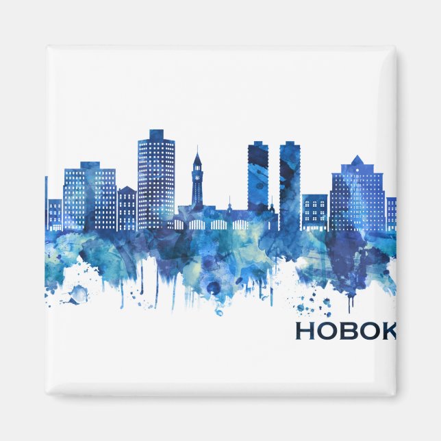 Hoboken New Jersey Skyline Blue Magnet (Front)
