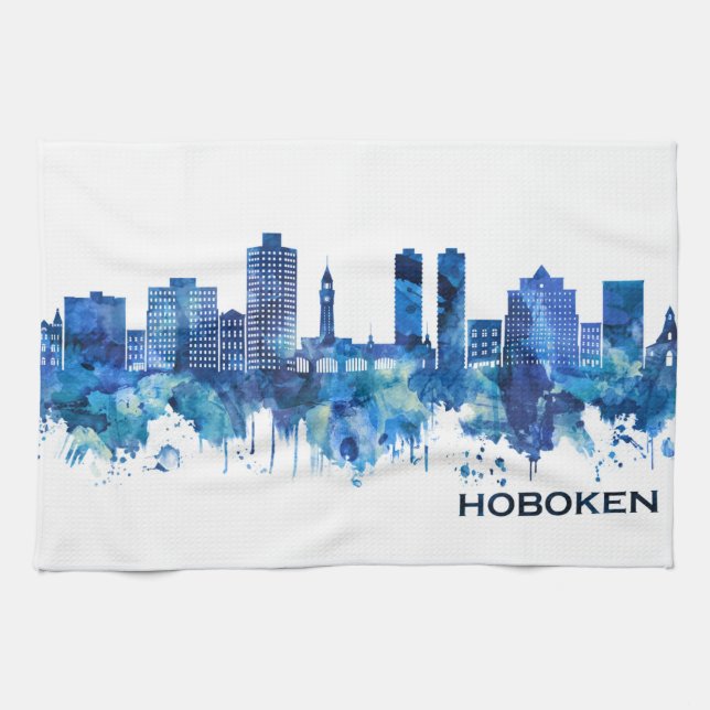 Hoboken New Jersey Skyline Blue Tea Towel (Horizontal)