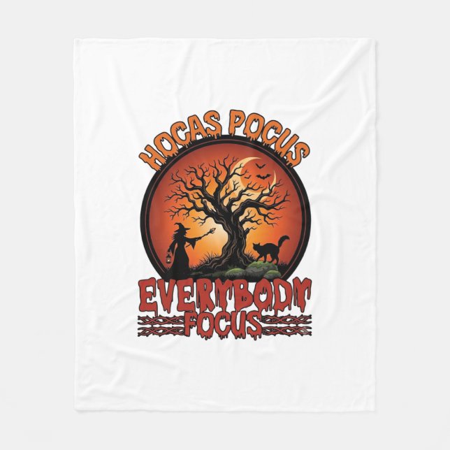 Hocas Pocus Everybody Focus Spooky Tree Witch Cat Fleece Blanket (Front)