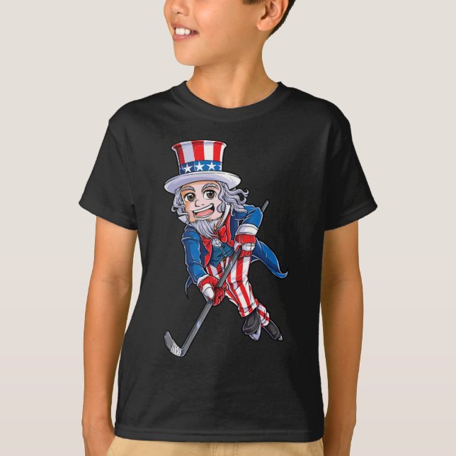 Hockey American Flag  4th of July Kids Boys Uncle  T-Shirt (Front)