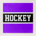 HOCKEY Athletic Bright Purple Black White Stripes  Jigsaw Puzzle<br><div class="desc">This fun,  athletic design features bold HOCKEY text inside a wide black stripe highlighted with white stripes against a bright purple background.  The colours and text can be personalised.</div>