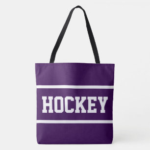 HOCKEY Athletic White Text Stripes On Deep Purple Tote Bag