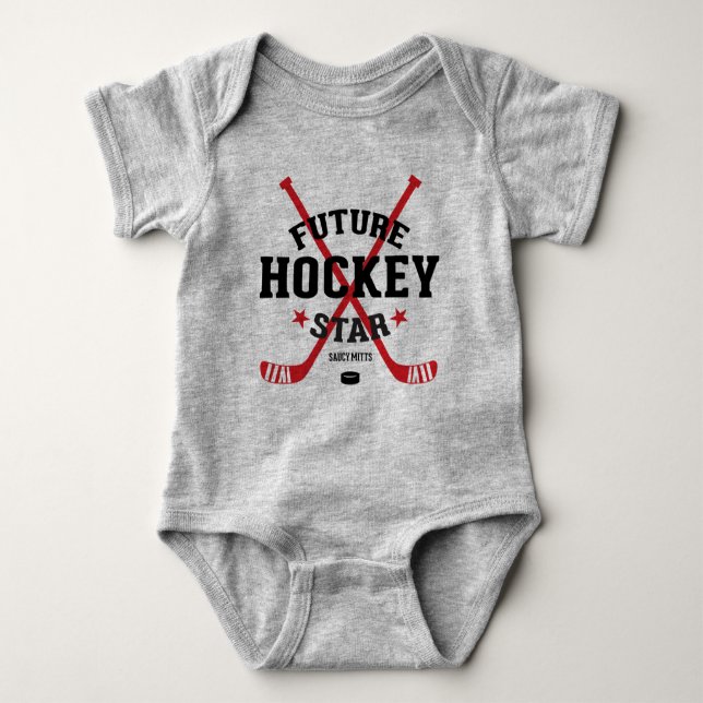 Hockey Baby Bodysuit Future Hockey Star Red Sticks (Front)