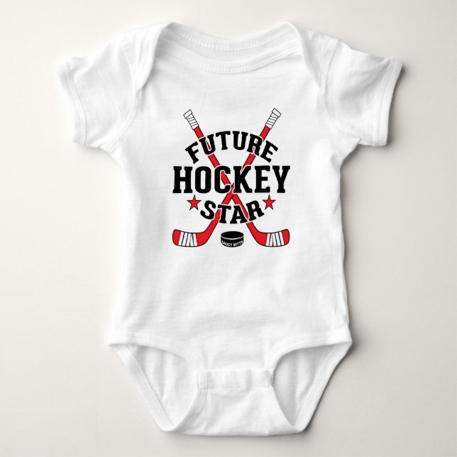 Hockey Baby Future Hockey Star Red Hockey Sticks Baby Bodysuit (Front)