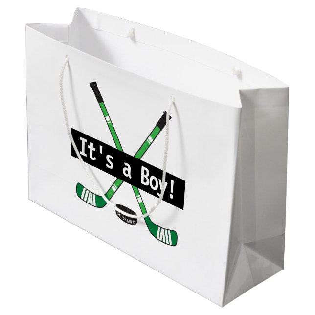Hockey Baby It's a Boy or Girl Green Hockey Sticks Large Gift Bag (Back Angled)